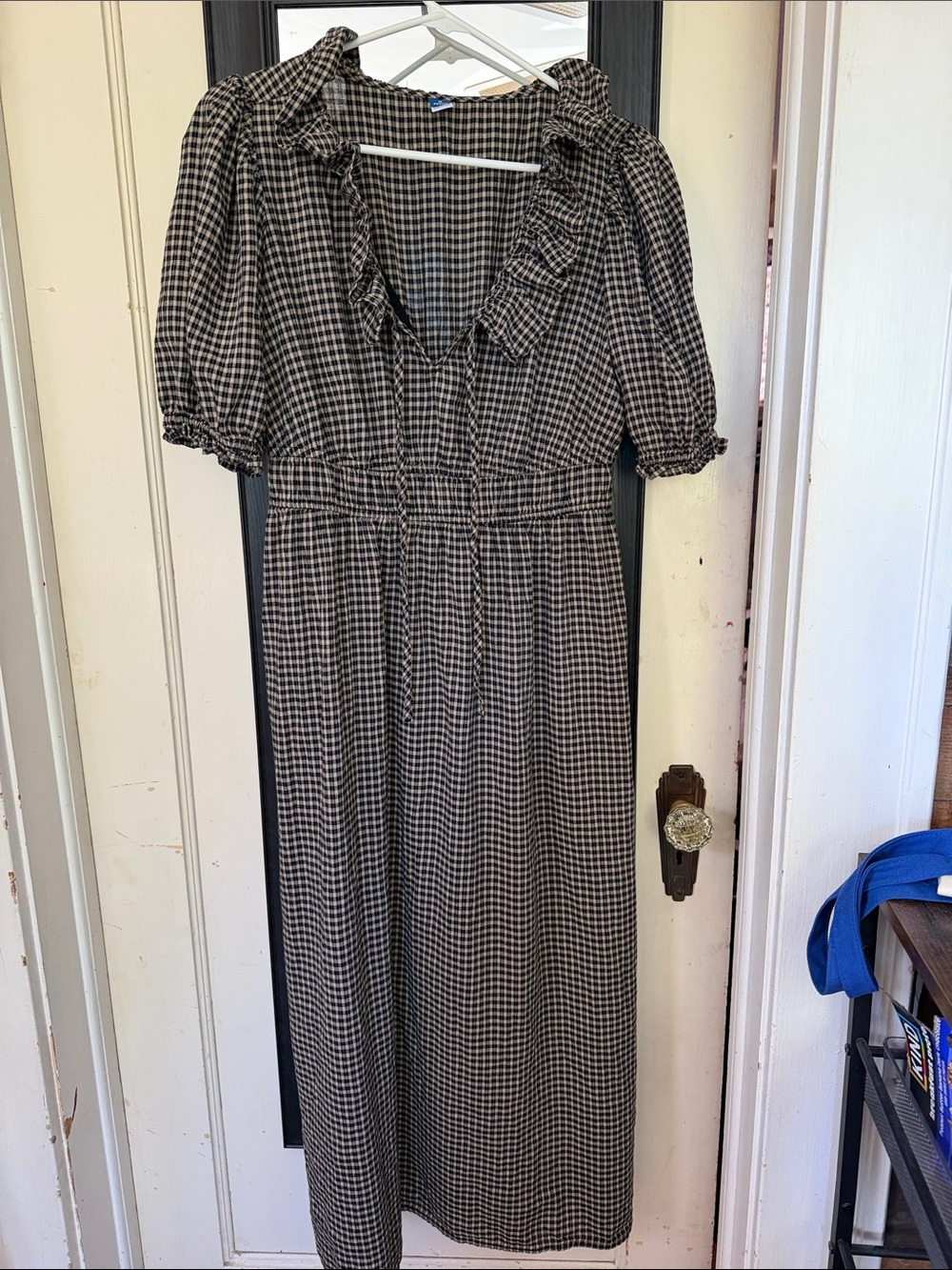 Old Navy Black and White Gingham Maxi Dress with Ruffle V-Neck